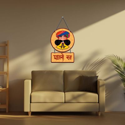 Padharo Sa Rajasthani Traditional Welcome Wall Decor, Wooden Hanging for Main Door and Office, Ethnic Turban Art, Multicolor